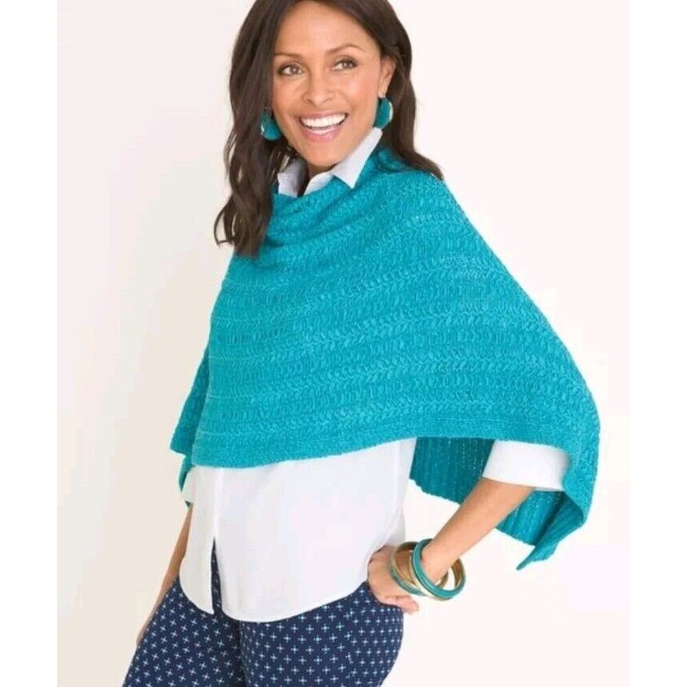 Turquoise Knit Poncho Sweater - Women's Lightweight Layer